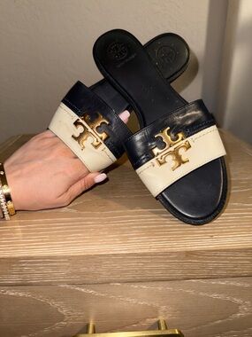 Tory Burch Black and Cream Miller Logo Slide Sandals - Gold Hardware